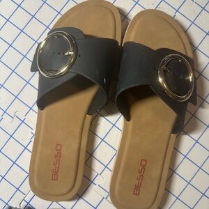 Black Slide Sandals with Gold Buckle